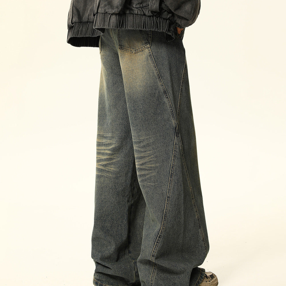 美式復古水洗做舊破洞口袋牛仔褲女顯瘦寬鬆直筒闊腿褲子