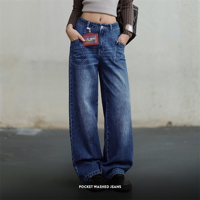 馬登女裝 美式闊腿牛仔褲水洗丹寧直筒拖地褲子設計感顯瘦長褲春秋