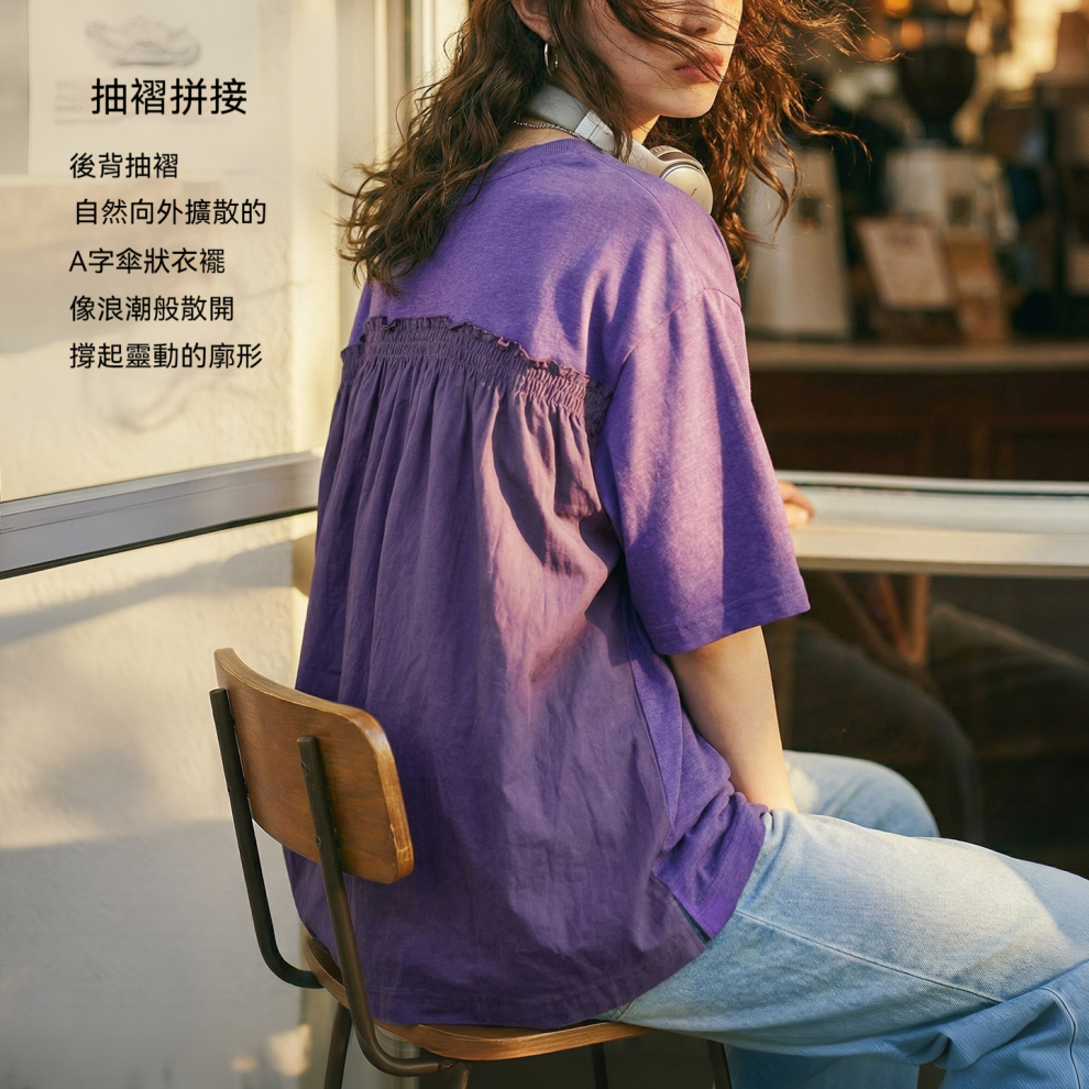 馬登女裝 紫色復古花邊拼接寬鬆印花短袖T恤小眾設計感上衣女士夏