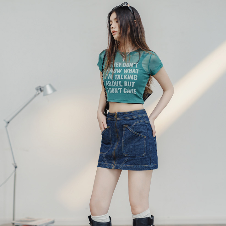 馬登女裝 復古拼接牛仔短裙修身百搭拉鍊設計感牛仔藍A字半身短裙