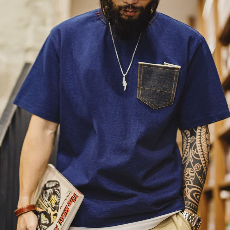 馬登工裝 美式復古植物藍染T恤日系重磅純棉二本針口袋短袖男春夏