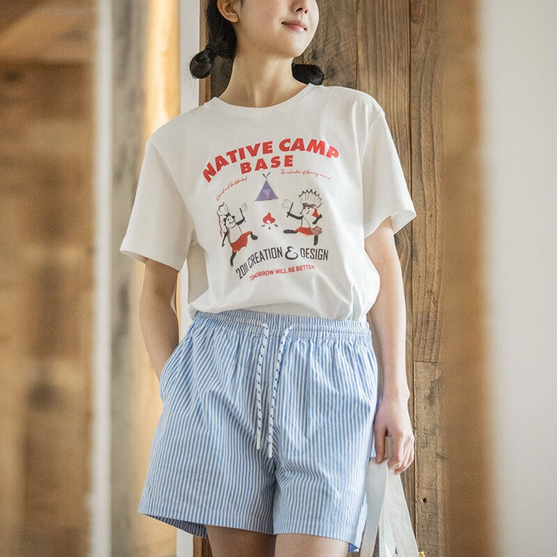 馬登女裝 美式復古印花T恤寬鬆純棉透氣短袖上衣正肩設計打底衫