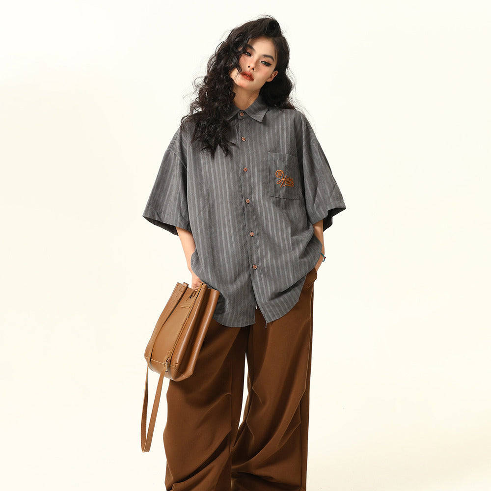 美式復古Vintage工裝短袖刺繡口袋襯衫女夏季百搭寬鬆情侶襯衣