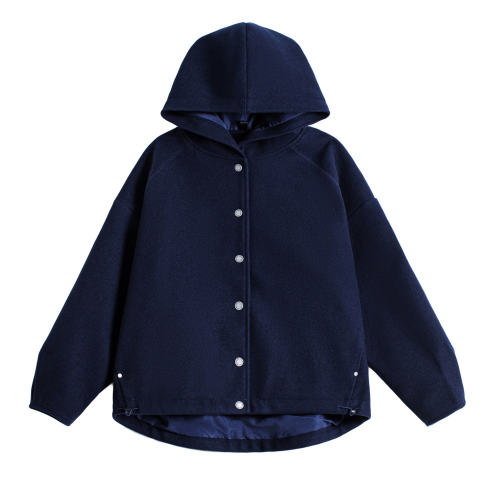 馬登女裝 復古藏青色收腰休閒加厚防風連帽毛呢呢子外套開衫上衣女秋冬