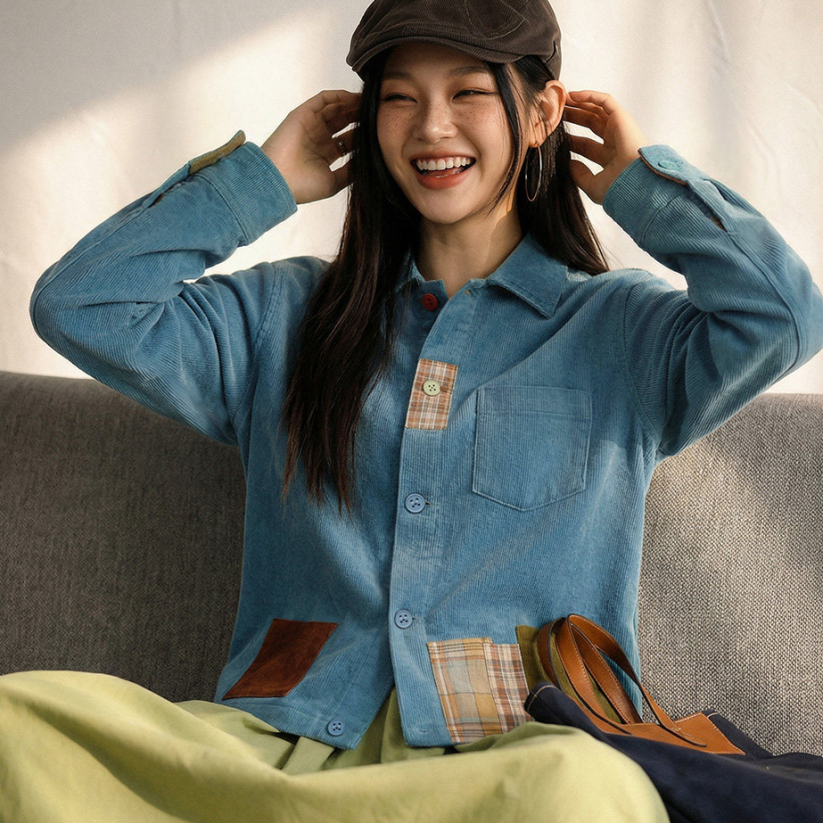 馬登女裝 復古藍撞色拼接襯衫夾克全純棉燈芯絨翻領薄外套襯衣女士春