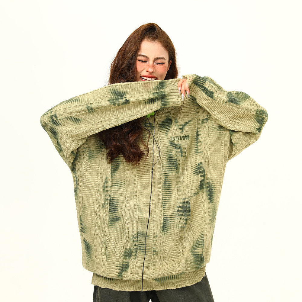 美式復古廢土風紮染設計感毛衣秋季寬鬆慵懶風破損針織毛衣打底衫