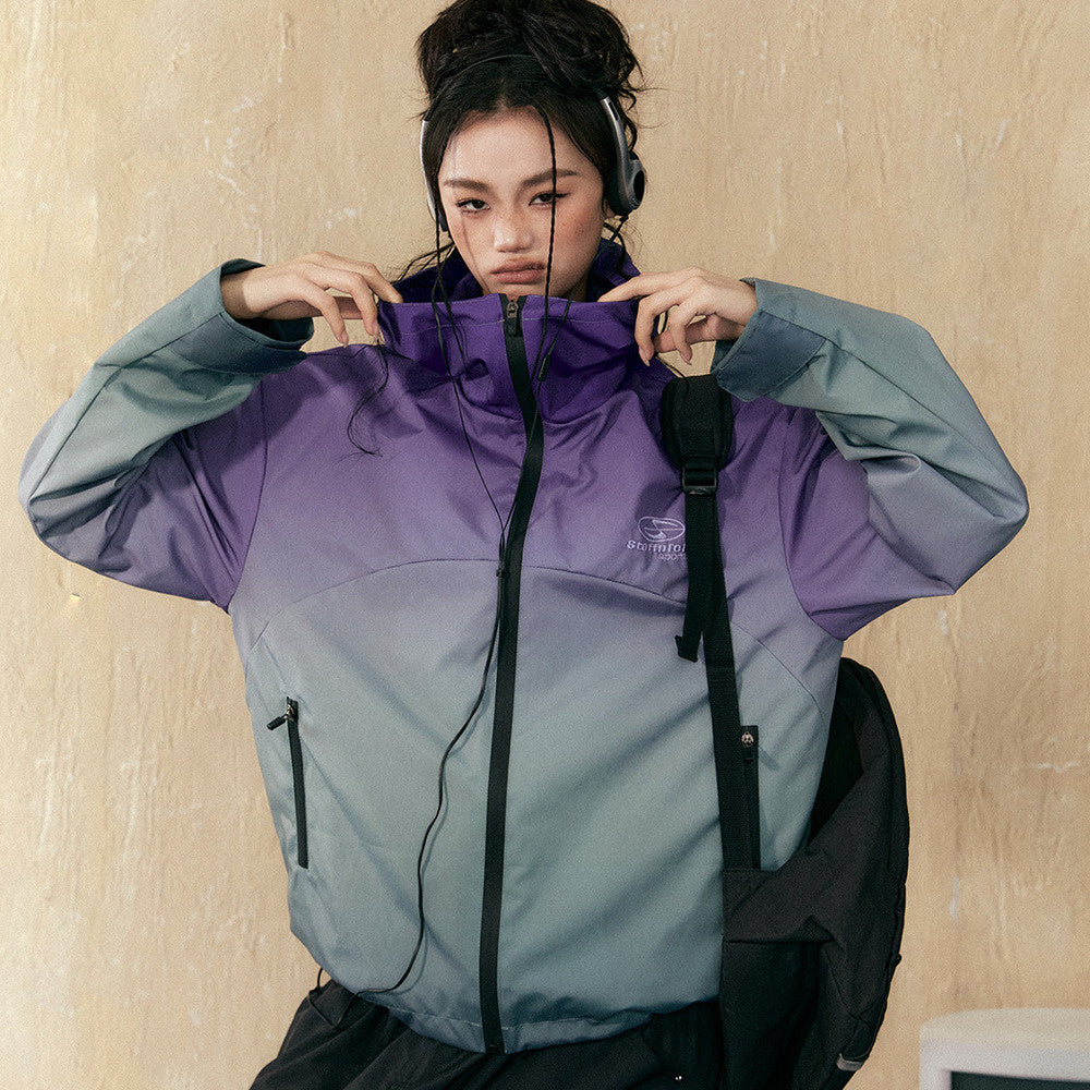 復古漸變色紫色衝鋒衣女戶外山系防水登山服連帽情侶外套