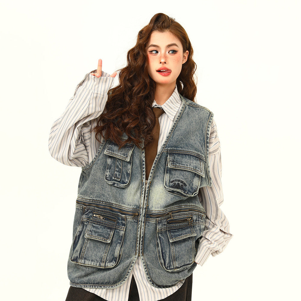 美式復古工裝牛仔馬甲外套設計感BF街頭情侶坎肩馬甲外套