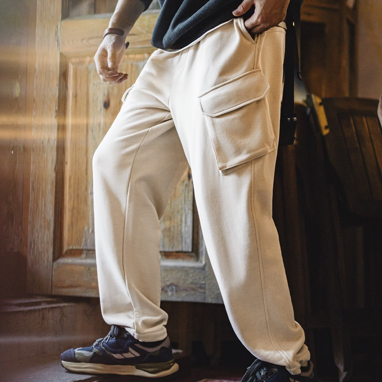 馬登工裝 美式復古多口袋直筒衛褲鬆緊腰抽繩運動休閒褲子男秋