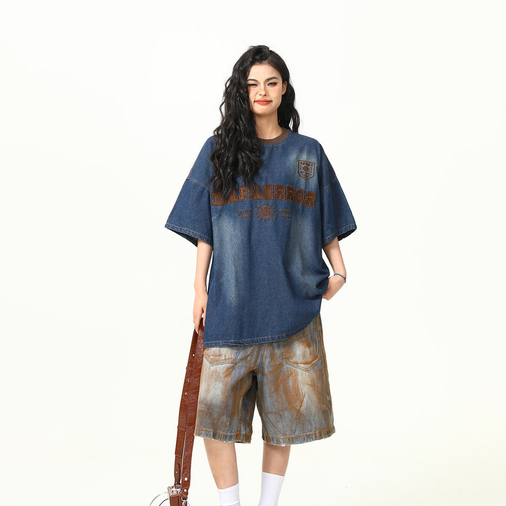 美式復古重工刺繡水洗牛仔短袖T恤女寬鬆夏半袖情侶上衣