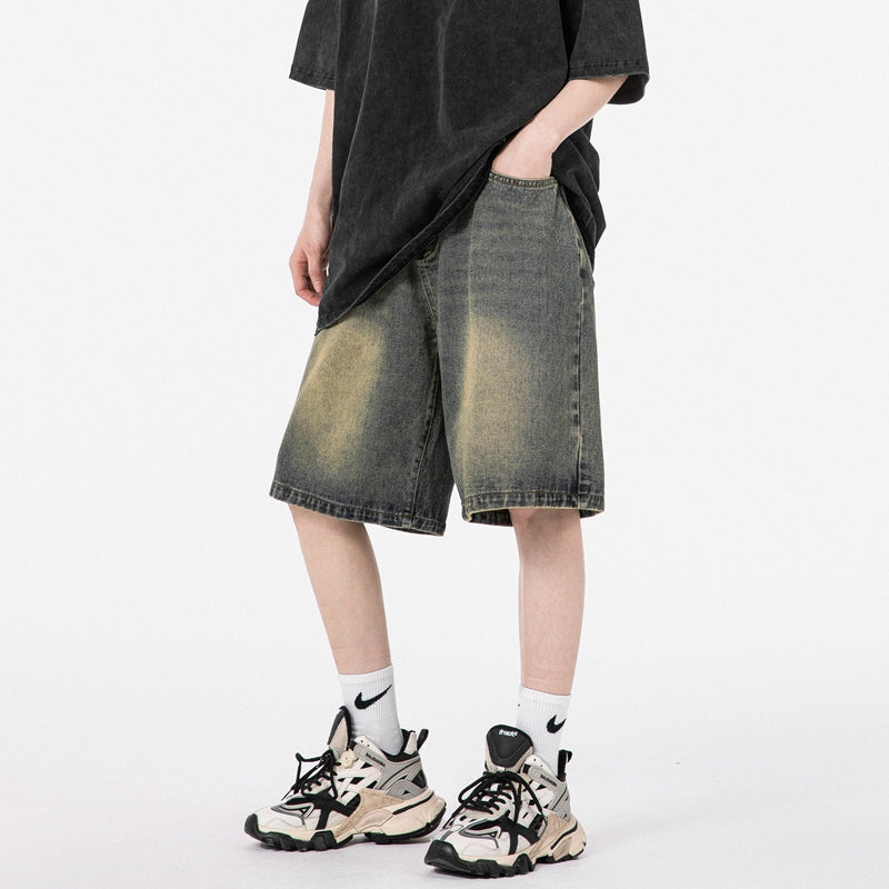 復古做舊水洗牛仔短褲女夏季寬鬆直筒顯瘦五分褲