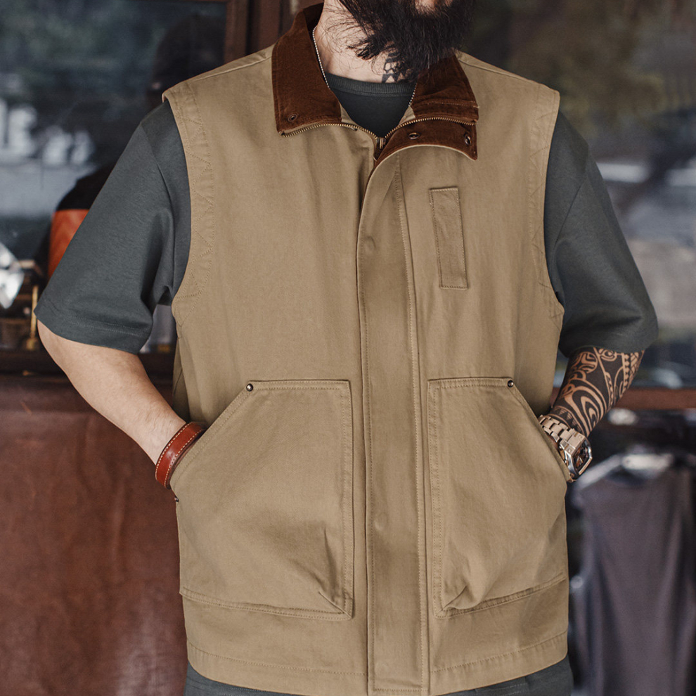 馬登工裝 美式復古safari馬甲獵裝純棉卡其色燈芯絨背心外套男款春