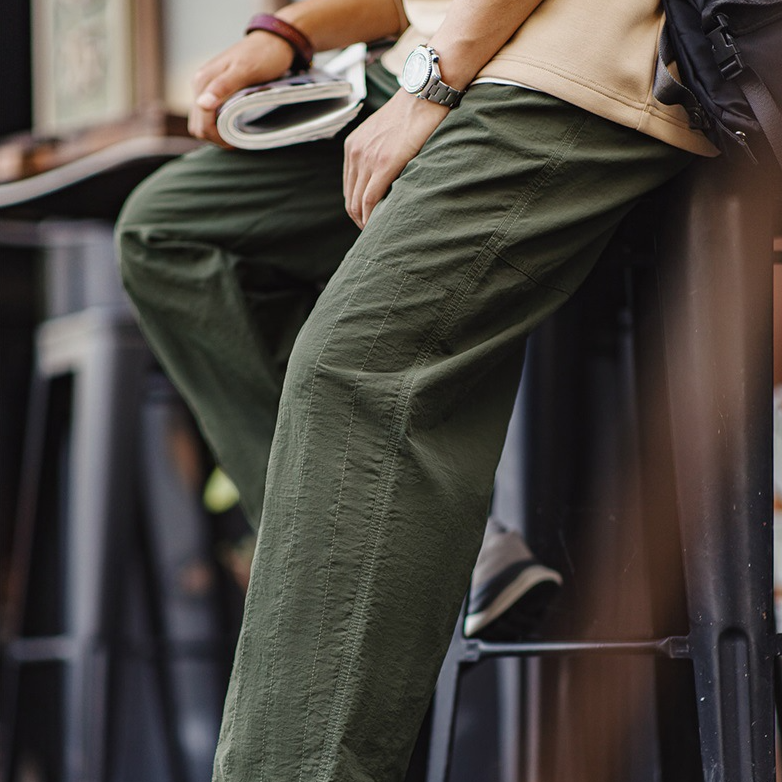 馬登工裝 美式復古絎線褶皺雙膝褲抽繩束脚軍綠直筒休閒褲男秋