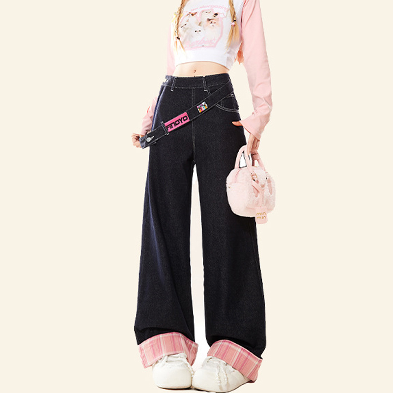 美式復古侧边拉链牛仔裤設計感可拆卸腰帶格紋拼接阔腿裤