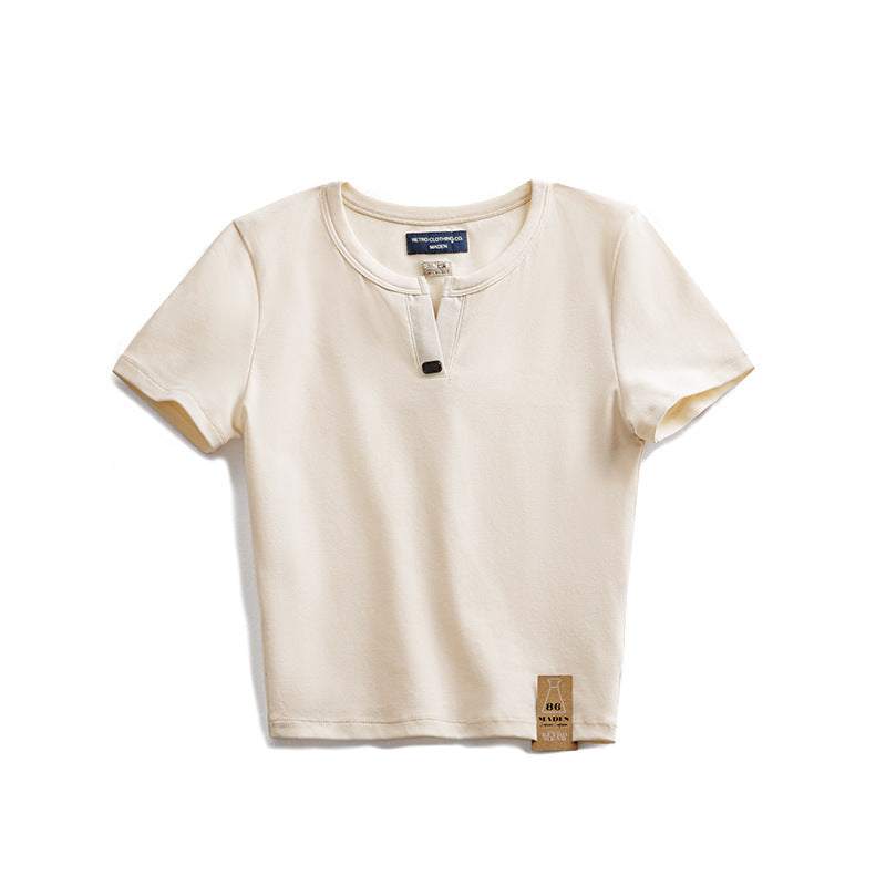 馬登女裝 美式亨利衫短袖正肩修身純棉T恤內搭打底衫短款辣妹上衣