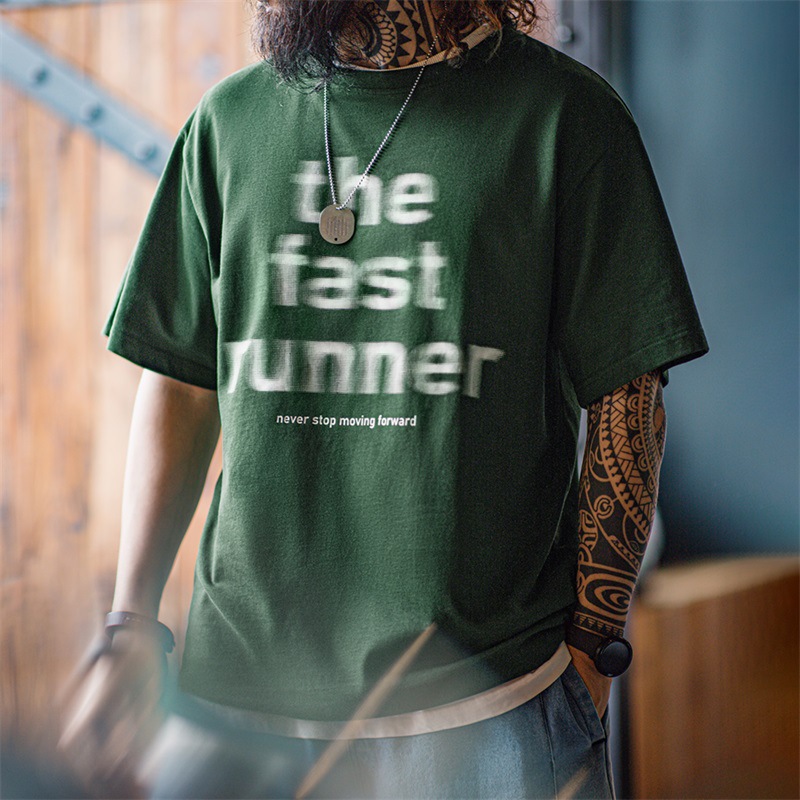 馬登工裝 美式休閒字母殘影印花短袖T恤設計感純棉五分袖上衣