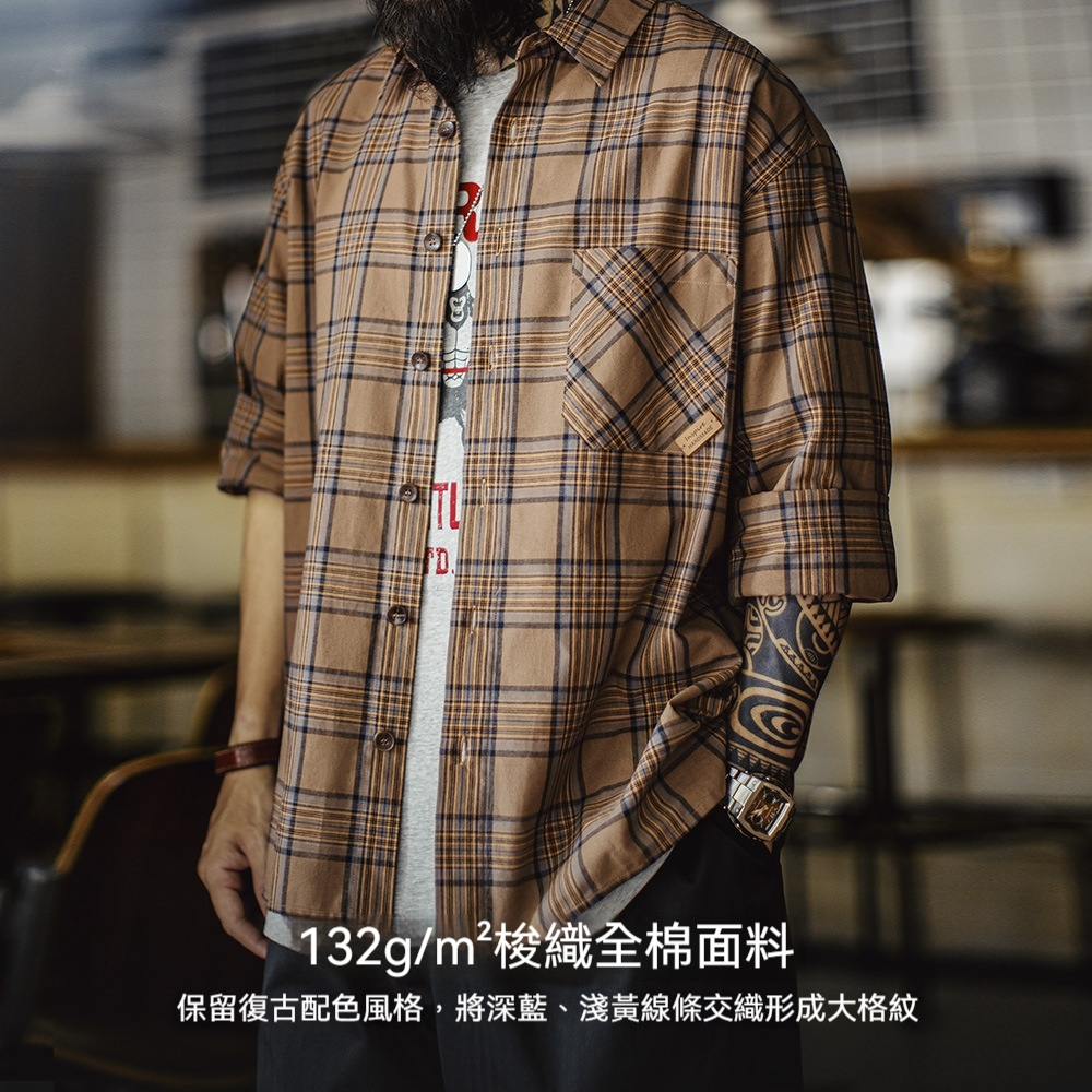 馬登工裝 美式復古格子襯衫薄款長袖純棉外套式棕色格紋襯衣男夏秋