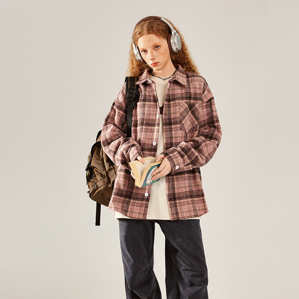 美式復古粉色格子長袖襯衫女秋寬鬆休閒慵懶襯衣外套