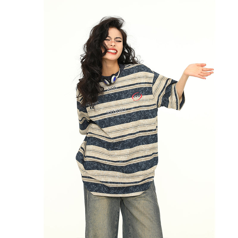 夏季新款美式復古條紋短袖T恤紮染設計感上衣潮