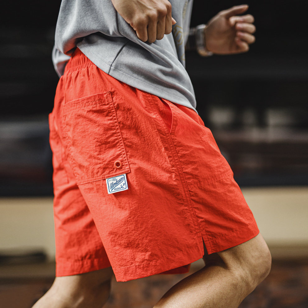 馬登工裝 美式橘紅色海邊度假沙灘短褲塔絲隆外穿休閒五分褲男夏季