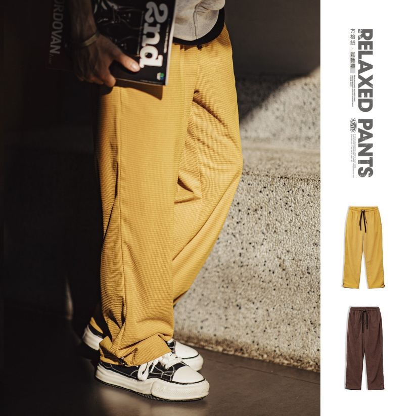 馬登工裝 美式方格黃色玉米絨休閒褲直筒抽繩束脚寬鬆長褲子男款春