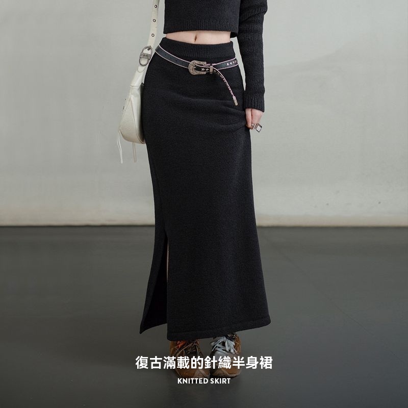 馬登女裝 美式針織半身裙設計感修身開叉包臀裙一步長裙秋冬
