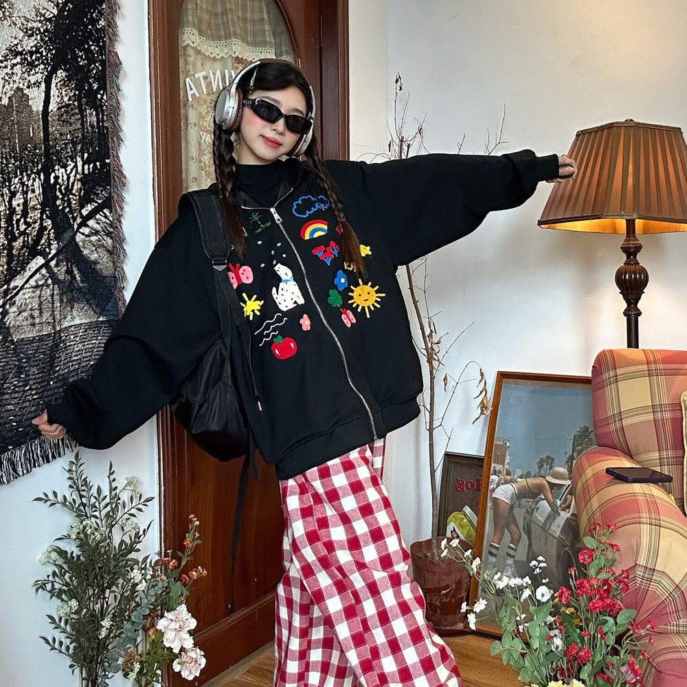 美式復古卡通毛巾繡拉鍊外套秋季休閒寬鬆連帽衛衣開衫外套