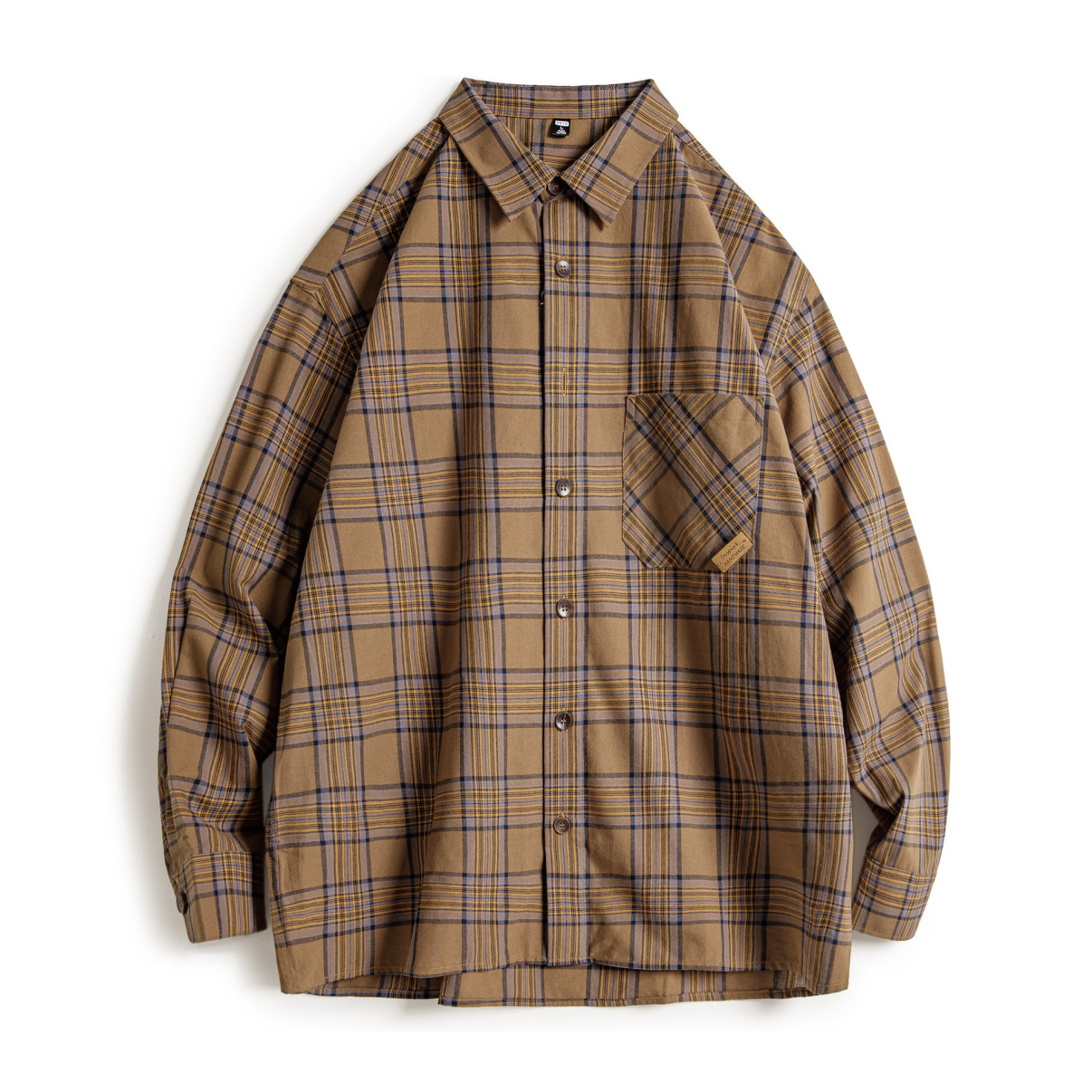 馬登工裝 美式復古格子襯衫薄款長袖純棉外套式棕色格紋襯衣男夏秋