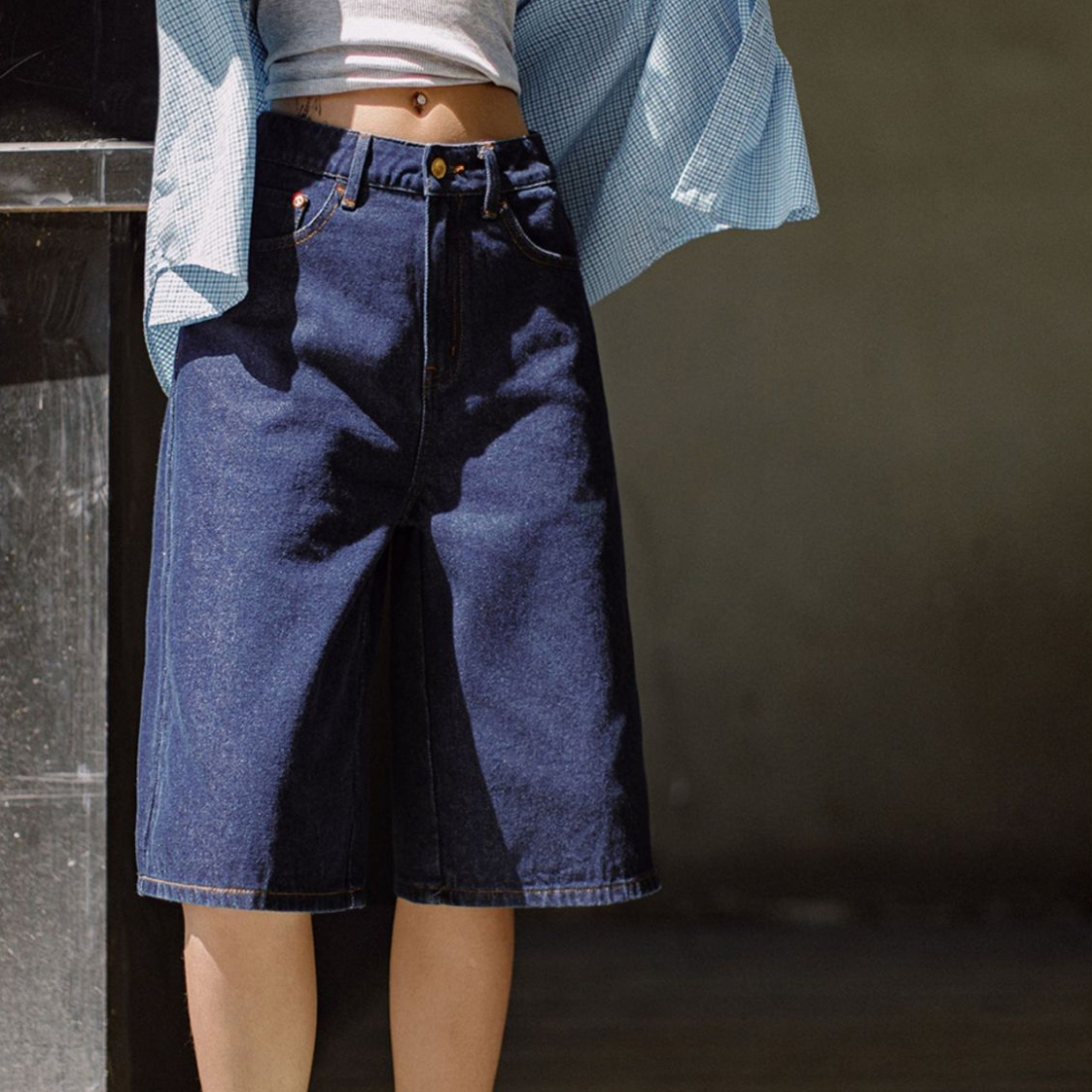 馬登女裝 復古深藍丹寧牛仔七分褲闊腿顯瘦修腿型牛仔褲