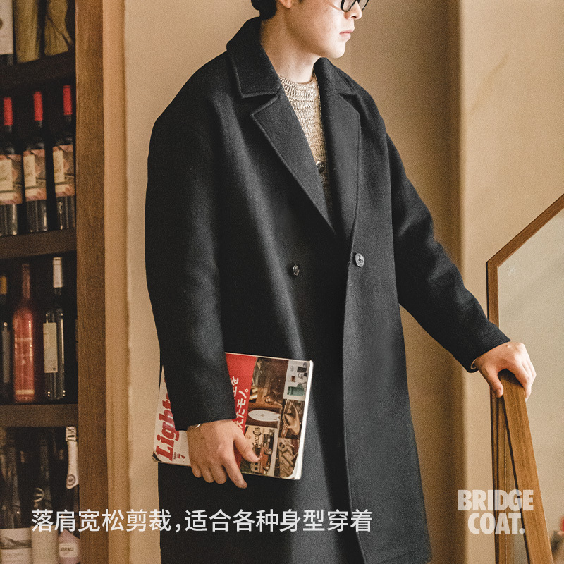 馬登工裝 美式復古羊毛呢子大衣黑色加厚寬松中長款外套男秋冬