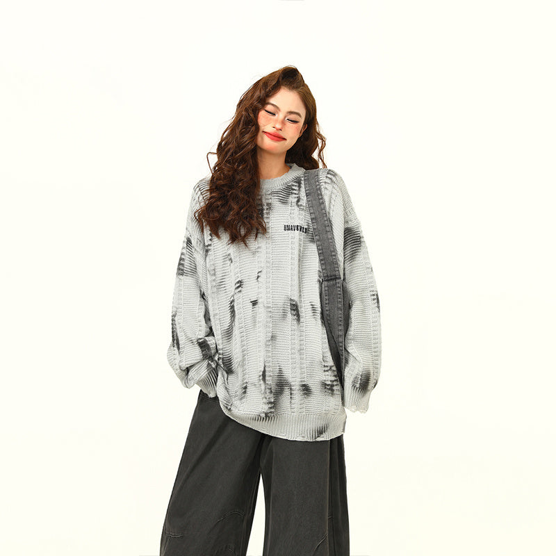 美式復古廢土風紮染設計感毛衣秋季寬鬆慵懶風破損針織毛衣打底衫