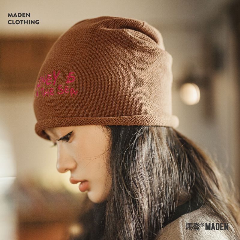 馬登女裝 美式復古針織冷帽純棉堆堆帽大頭圍卷邊包頭帽子秋冬
