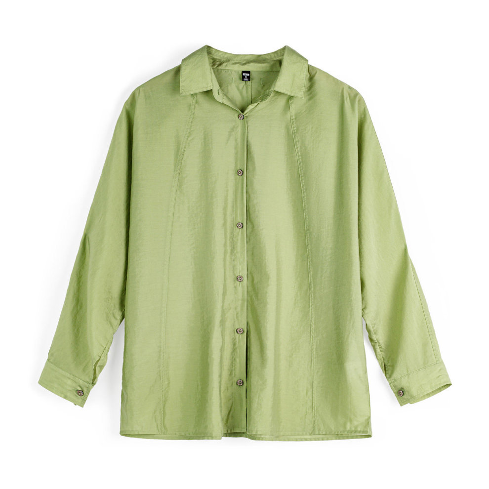 馬登女裝 綠色仿天絲垂感輕薄襯衣翻領寬鬆休閒長袖襯衫外套女春夏