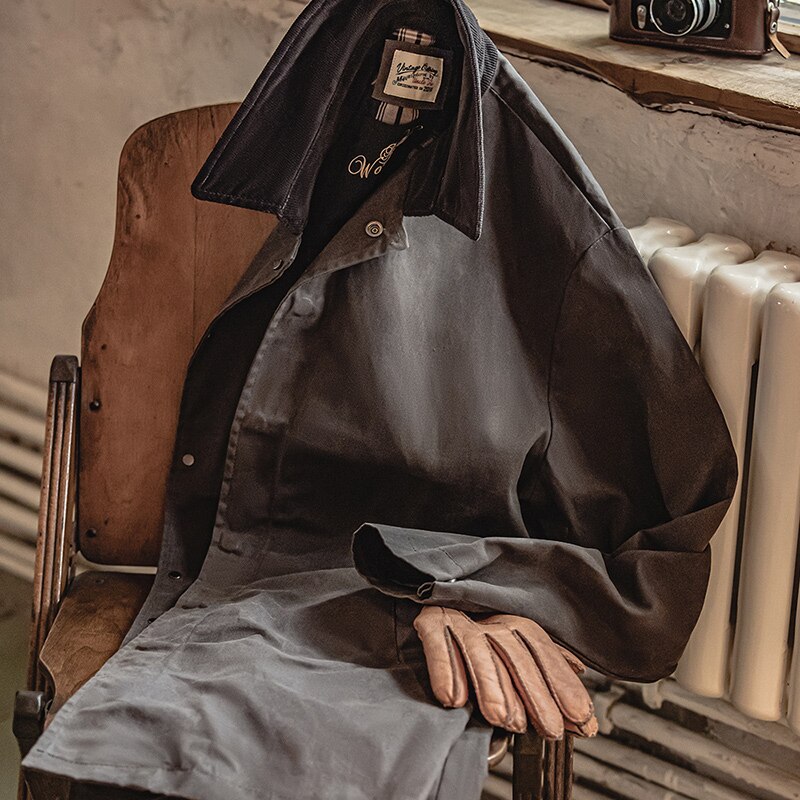 馬登工裝 美式復古翻領防水油蠟風衣中長款英倫風大衣外套