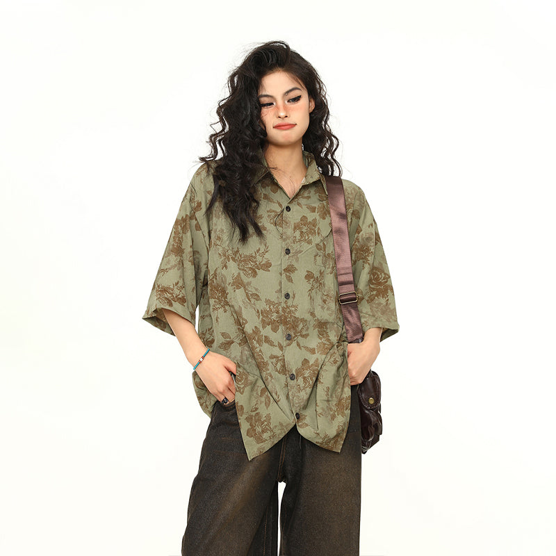 古著感花卉短袖襯衫女美式個性寬鬆潮牌夏季襯衣