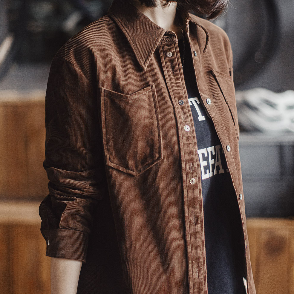 馬登女裝 美拉德咖色純棉燈芯絨上衣雙排扣肌理感長袖襯衫外套秋冬