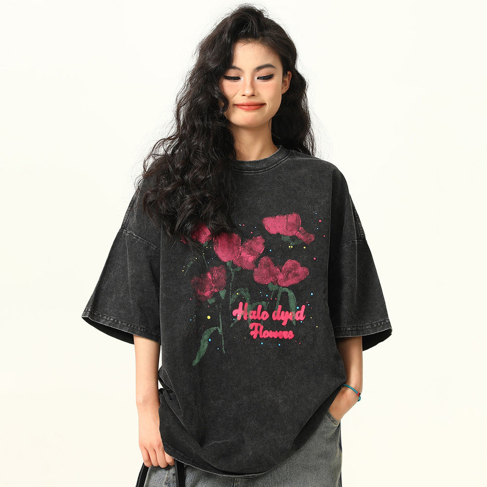 美式復古水洗做舊玫瑰印花短袖T恤女寬鬆潮牌街頭情侶上衣