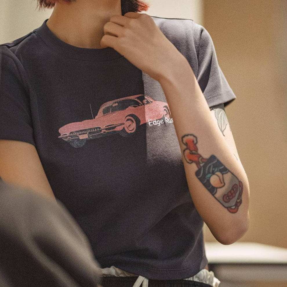 馬登女裝 美式復古賽車印花T恤短款千禧辣妹修身正肩百搭短袖夏季