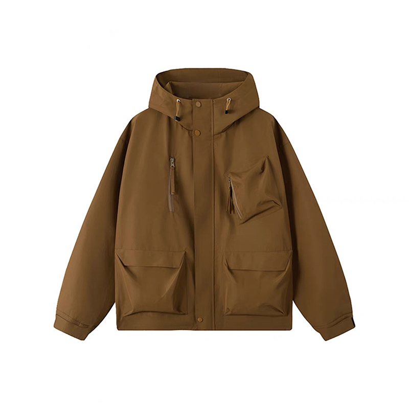 多口袋戶外衝鋒衣外套女純色連帽夾克高級感風衣情侶登山服