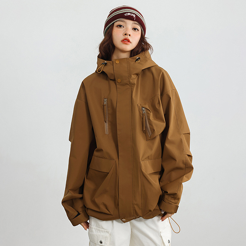 多口袋戶外衝鋒衣外套女純色連帽夾克高級感風衣情侶登山服