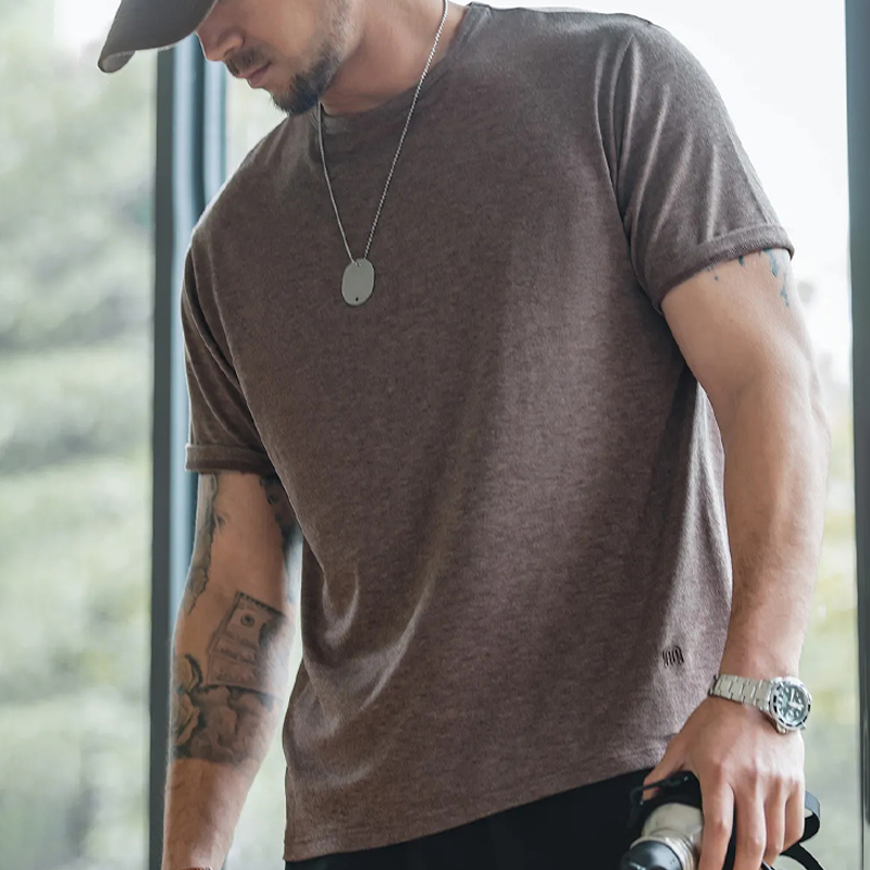 馬登工裝 美式休閑混紡無痕短袖T恤透氣純色圓領打底汗衫