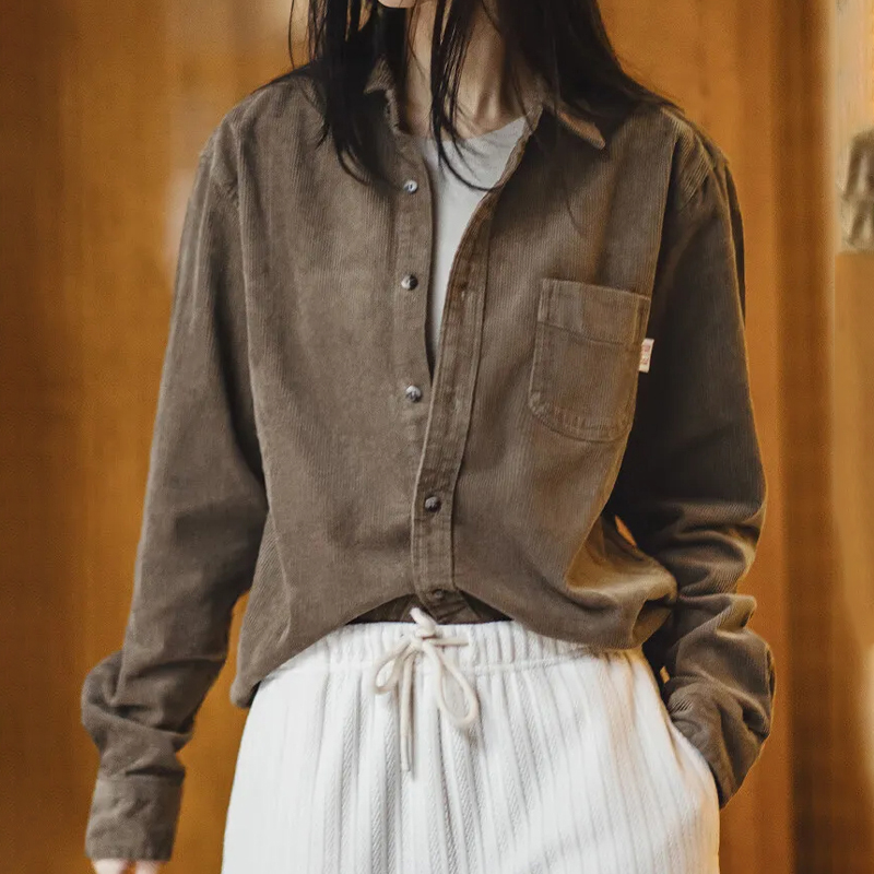 馬登女裝 美式復古燈芯絨襯衫寬鬆內搭休閒翻領長袖襯衣