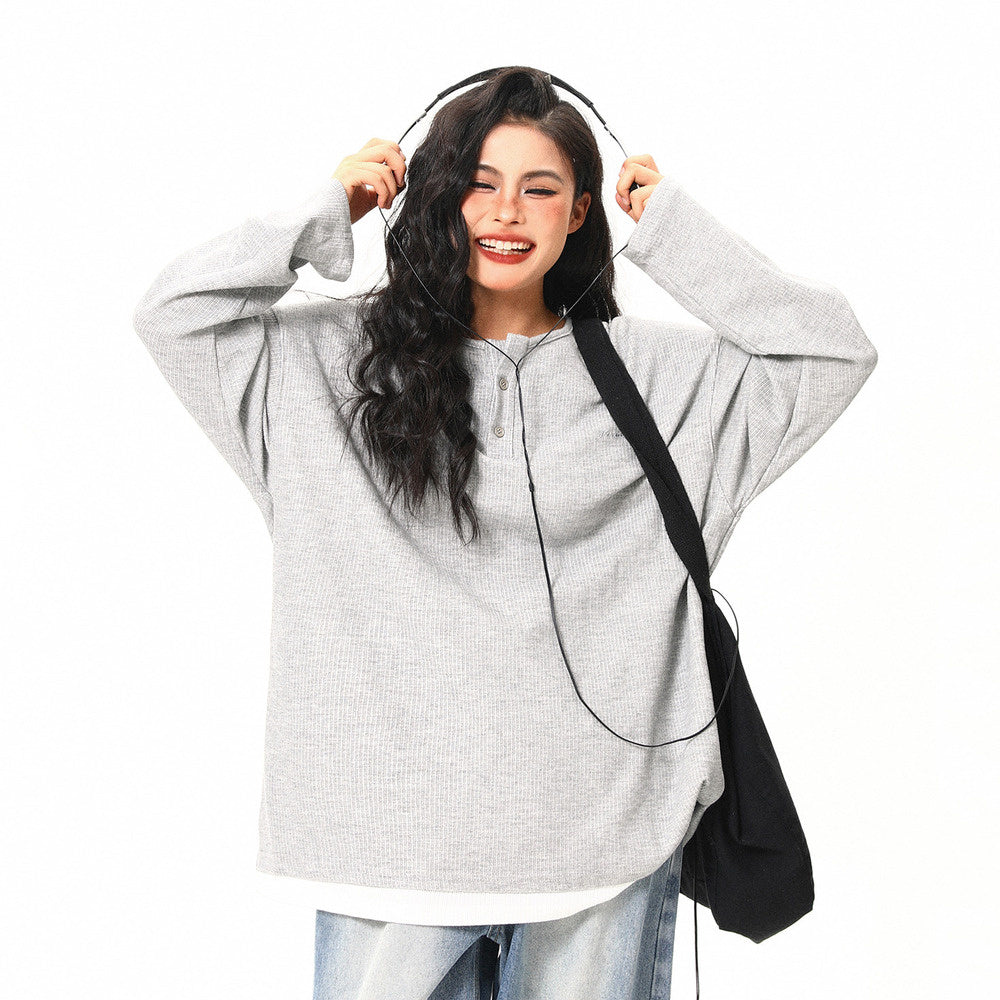 美式復古高級感假兩件長袖打底衫女秋季百搭潮流設計感上衣