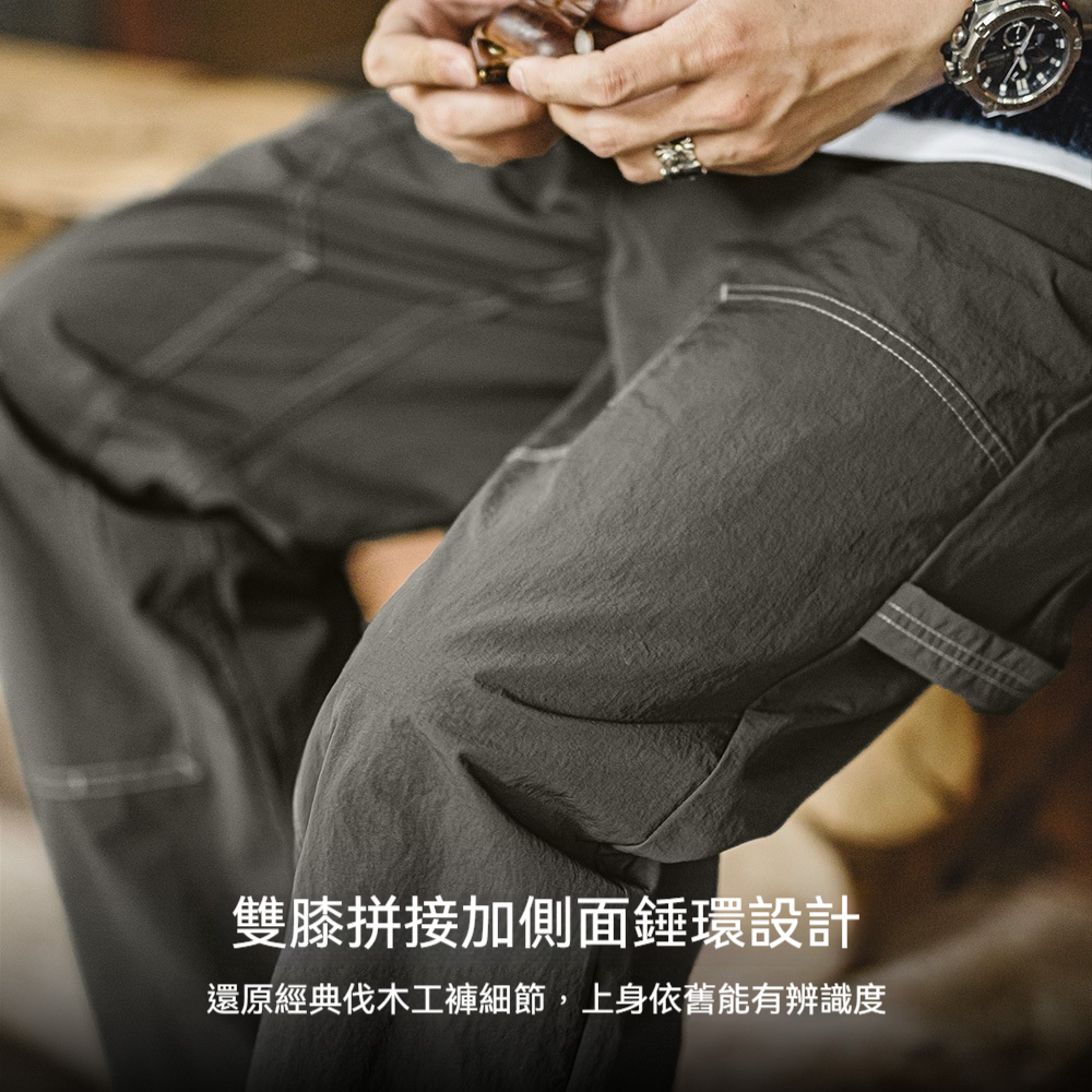 馬登工裝 輕美式休閒雙膝伐木褲肌理感垂感軍綠色長褲子男