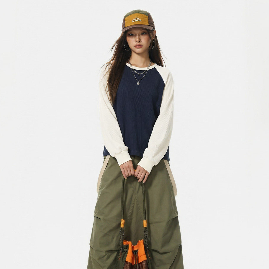 馬登女裝 美式復古華夫格圓領藍白撞色長袖T恤打底衫內搭衛衣女春季