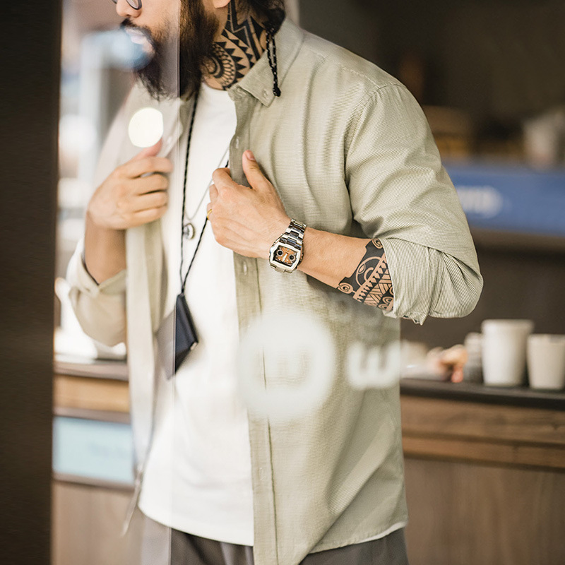 馬登工裝 美式休閒千鳥格襯衫純棉通勤商務格子長袖襯衣男