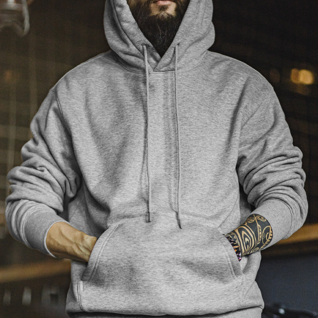 馬登工裝 美式灰色洛奇連帽衛衣加絨寬鬆重磅疊穿套頭帽衫外套男秋冬