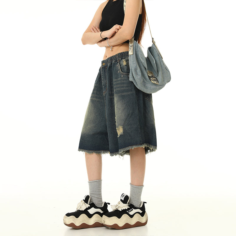 美式復古水洗破洞牛仔短褲女鬆緊腰寬鬆百搭闊腿五分褲