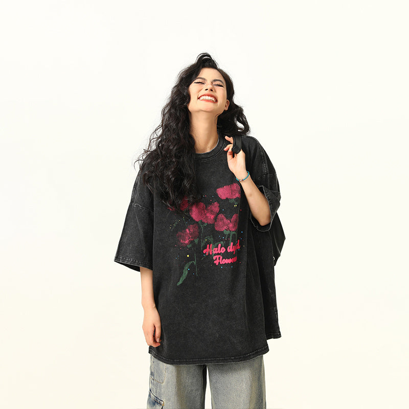 美式復古水洗做舊玫瑰印花短袖T恤女寬鬆潮牌街頭情侶上衣