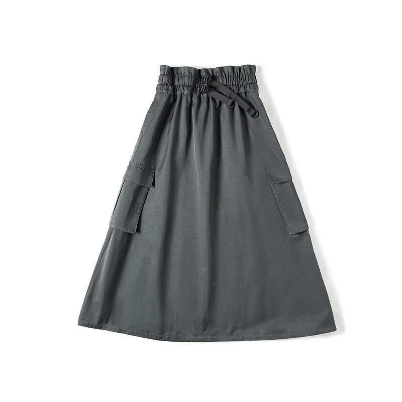 馬登女裝 復古半身長裙高腰顯瘦A字裙百搭口袋工裝傘裙